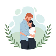 Couple embracing in a romantic gesture with leaves around them