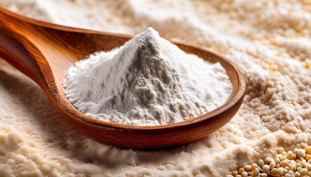 Wheat Starch On Wooden Spoon Spice Or Seasoning As Background Close Up Wheat Starch