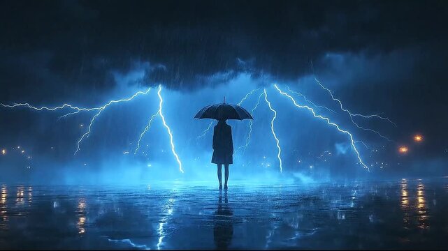 Woman with umbrella standing in rain during storm