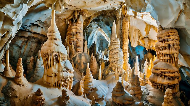 Limestone cave with stalactites and stalagmites underground
