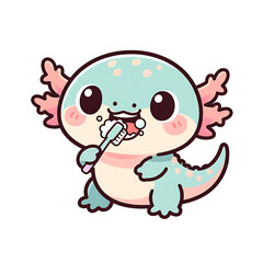 Obraz premium Cute Axolotl Brushing Teeth Version