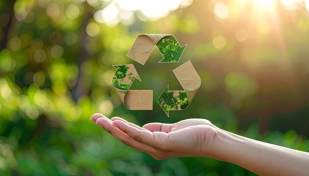Hand holding a paper-made recycle symbol against blurred, green background. Sunlight effect