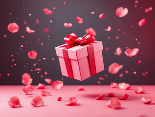 Elegant pink gift box with a vibrant red ribbon and falling rose petals, creating a romantic and celebratory atmosphere for holidays like Valentine's Day or anniversaries.
