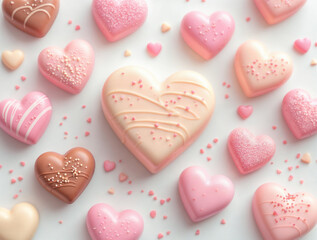 Obraz premium Sweet Assortment of Heart-Shaped Chocolates and Candies with Sprinkles on White Background - Perfect for Valentine's Day or Romantic Celebrations