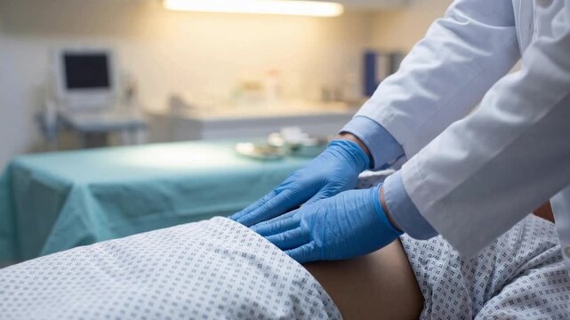 Doctor performing abdominal palpation during medical examination in hospital, close-up of the hands on the patient's abdomen