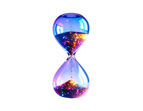Hourglass with cosmic sand, blue-purple glow on black backdrop