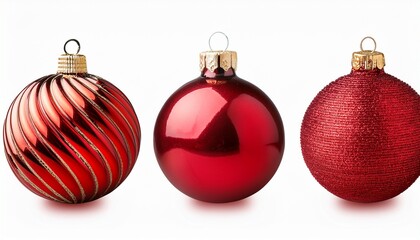 Three Shiny Red Christmas Baubles One Plain One Ribbed And One Striped Isolated On Transparent Background