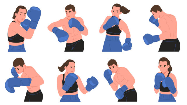 set of male and female boxers wearing boxing gloves, shown in various fighting, punching, and defensive stances. Suitable for boxing training materials, fitness and gym concepts, combat sports visuals