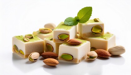 Nougat Candy With Pistachios And Almonds On White Background