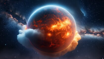Cloudy Planet With Fiery Surface And Hazy Atmosphere Against Starfield