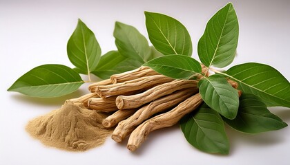 Fresh Ashwagandha Withania Somnifera Roots And Green Leaves Arranged Neatly On A Clean White Background