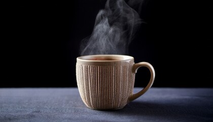 Elegant Textured Mug With Steaming Hot Beverage On Black Background Perfect For Cozy Winter Holiday Decor And Festive Aesthetic Celebrations