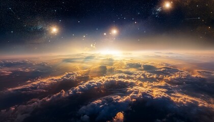 Abstract Cosmic Scene With Luminous Clouds Gold Specks And A Dark Expanse