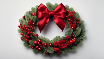 A Festive Christmas Wreath With A Red Velvet Bow And Holly Berries On A White Background