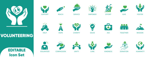 Obraz premium Volunteering And Charity Icon set. Features icons of support, aid, and unity. Perfect for NGO websites, fundraising, and community projects. 