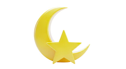 3D Render of a Yellow Crescent Moon and Star Icon