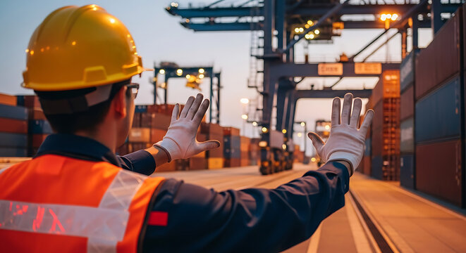 Industrial worker in safety gear directing operations at a container port with cranes and shipping containers at dusk.
