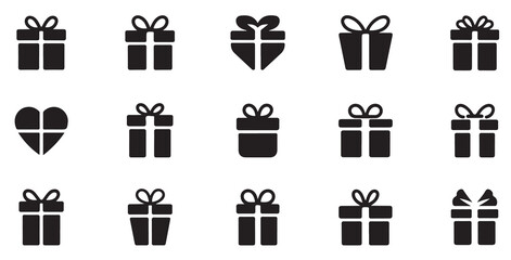 Collection of gift boxes with bows, celebration presents and holiday surprise icons