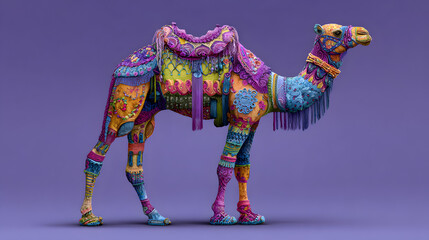 animal surrealista camello dromedario colorido con accesorios de colores llamativos vibrantes sobre un fondo morado liso contraste y dise&ntilde;o artistico 