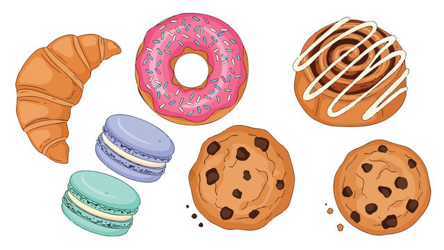 Delightful assortment of baked sweet treats and colorful desserts vector illustration