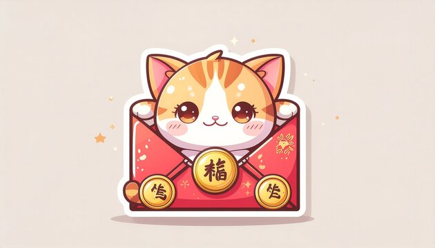 Ilustrasi stiker kucing lucu bergaya chibi yang muncul dari amplop angpao merah dengan koin emas dan simbol keberuntungan. Desain kartun imut dengan nuansa Tahun Baru Imlek, cocok untuk dekorasi, stik