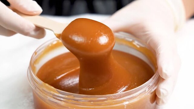 Hands in gloves stir thick amber paste in a clear jar