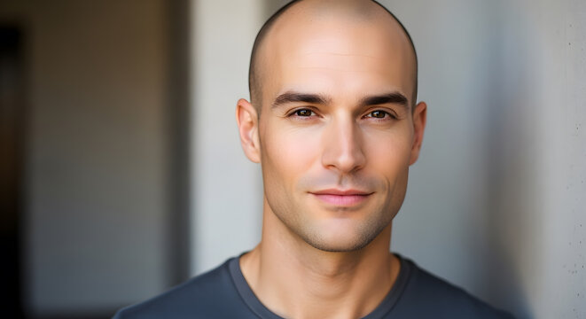 A close up portrait of a handsome bald man with brown eyes and a slight smile wearing a grey shirt
