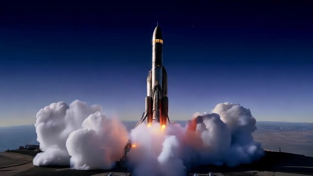 A rocket launching into a starry night sky, with billowing smoke and flames