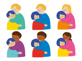 人々がハグしてるイラスト/Illustration of an Asian, a black person, and a white person hugging