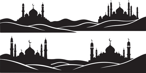 Obraz premium Black silhouette of mosque cityscape with mountains and hills