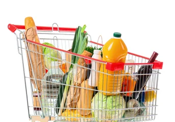 Fototapete Zu Essen Shopping cart with different fresh products on white background  © Pixel-Shot