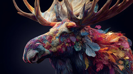 un acercamiento de el rostro de un hermoso e imponente alce con cuernos grandes y poderosos con dise&ntilde;o de estilo surrealista colorido llamativo y vibrante 