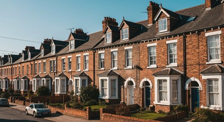 Obraz premium Charming Red Brick Terraced Houses UK Street View Suburban Neighborhood Property Exteriors Residential Homes