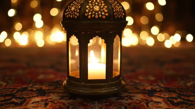 Cozy lantern with candle light on ornate rug with warm background lights