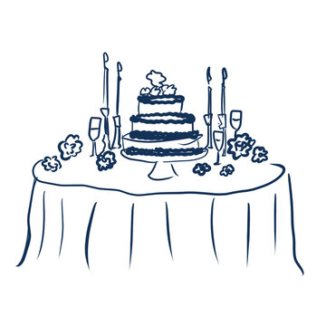 A beautifully sketched image of a tiered wedding cake with candles and flowers on a decorated table