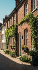 Charming Red Brick Cottages with Flowers in Historic English Village Street Scene
