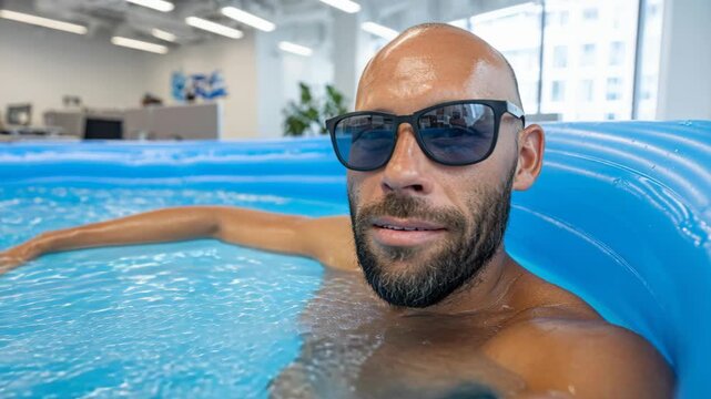 Happy bald man with a beard and sunglasses relaxes in a blue inflatable pool located inside a corporate office.