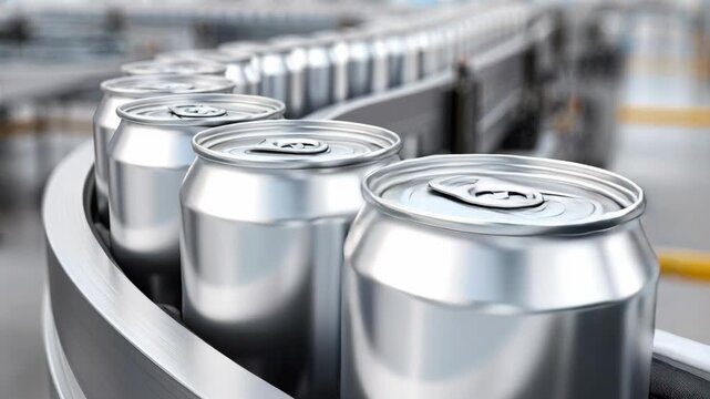 Close-up of shiny silver aluminum cans rapidly progressing on a curved production line conveyor belt.