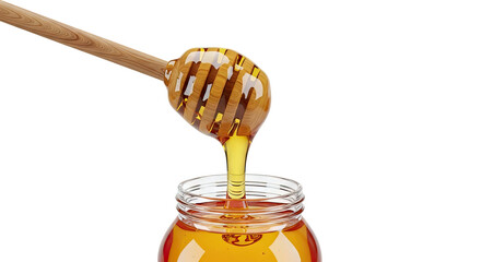 Honey pouring from dipper into jar