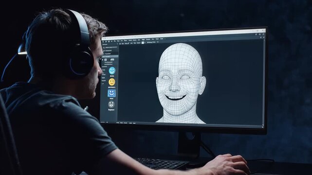 Animator manipulating a 3D facial model on screen, changing expressions and refining digital character animation.