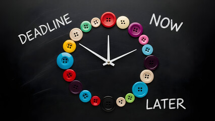 Colorful buttons forming clock on chalkboard with deadline now later