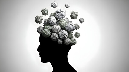 Creative mind with crumpled paper ideas floating out