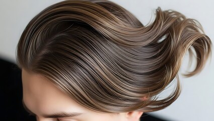 Fototapeta premium A close-up view of a woman's hair styled in a sleek, flowing ponytail, viewed from above against a neutral background.