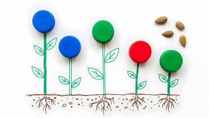 Colorful plant growth concept with bottle caps and seeds