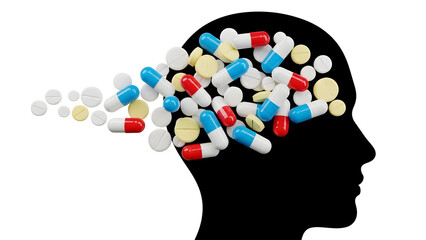 Colorful pills and capsules spilling out of human head silhouette
