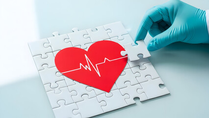 Healthcare professional assembling heart puzzle with ECG line