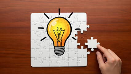 Completing jigsaw puzzle with lightbulb symbolizing innovative ideas and problem solving
