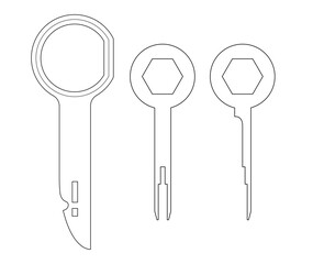 Vector illustration of automotive interior repair tools. Isolated on white. Black line design. Tool set.