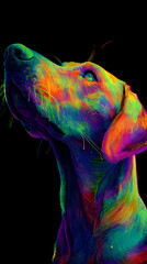 un perro surrealista colorido en tonos neon vibrantes y llamativos arte y concepto perro o mascota sobre un fondo negro contraste abstracto