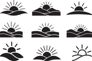 Minimal sunrise or sunset over hills clean landscape nature morning scene icon set
